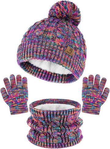 Glooarm Kids Winter Hat Gloves Scarf Set, Girls Toddler Winter Beanie Hat with Pom Knit Neck Warmer Gloves Fleece Lined Set in Saudi Arabia