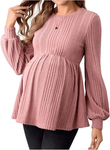 MakeMeChic Women's Maternity Tee Shirt Crew Neck Rib Knitted Long Sleeve Peplum Tops in Kuwait