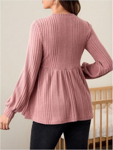 MakeMeChic Women's Maternity Tee Shirt Crew Neck Rib Knitted Long Sleeve Peplum Tops in Kuwait