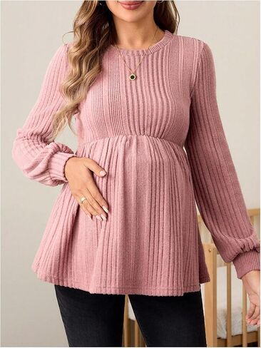 MakeMeChic Women's Maternity Tee Shirt Crew Neck Rib Knitted Long Sleeve Peplum Tops in Kuwait