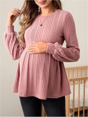 MakeMeChic Women's Maternity Tee Shirt Crew Neck Rib Knitted Long Sleeve Peplum Tops in Kuwait