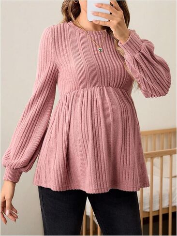MakeMeChic Women's Maternity Tee Shirt Crew Neck Rib Knitted Long Sleeve Peplum Tops in Kuwait