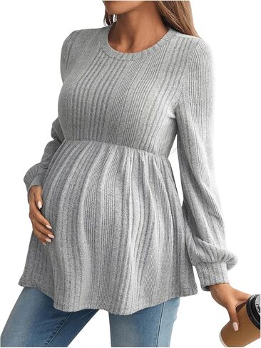MakeMeChic Women's Maternity Tee Shirt Crew Neck Rib Knitted Long Sleeve Peplum Tops in Kuwait