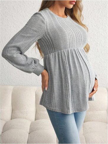 MakeMeChic Women's Maternity Tee Shirt Crew Neck Rib Knitted Long Sleeve Peplum Tops in Kuwait