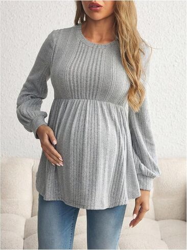MakeMeChic Women's Maternity Tee Shirt Crew Neck Rib Knitted Long Sleeve Peplum Tops in Kuwait