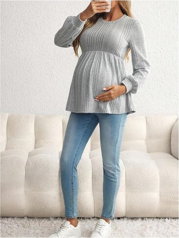 MakeMeChic Women's Maternity Tee Shirt Crew Neck Rib Knitted Long Sleeve Peplum Tops in Kuwait