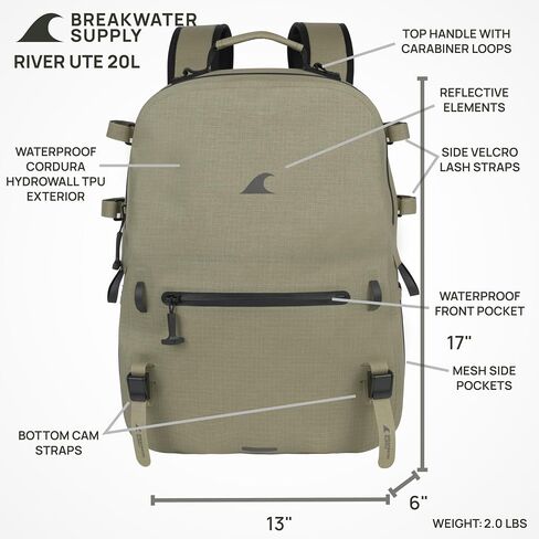 Breakwater Supply™ River Ute Waterproof IP68 Fishing Backpack, Floating TPU Submersible Dry Bag with Padded Hip Belt and Airtight Zippers | 20L (River Ute 20L CORDURA Safari Tan) in Saudi Arabia