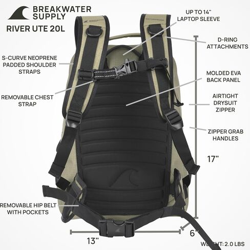 Breakwater Supply™ River Ute Waterproof IP68 Fishing Backpack, Floating TPU Submersible Dry Bag with Padded Hip Belt and Airtight Zippers | 20L (River Ute 20L CORDURA Safari Tan) in Saudi Arabia