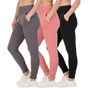Real Essentials 3 Pack: Women's Track Pants with Pockets - High Waist Workout Casual Athletic Joggers (Available in Plus)