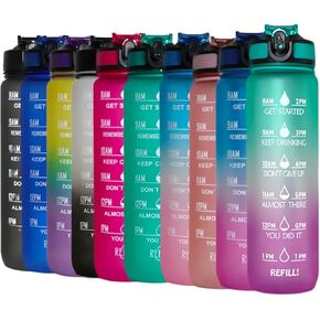 32 Oz Water Bottle with Drink Straw & Strap, Time Marker use for Gym, Sports, Fitness, Outdoor, Hiking and More (Green)