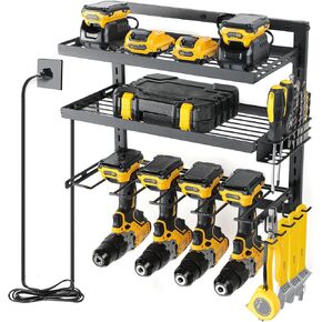 COFIT Power Tool Organizer, Power Drill Tool Holder with Charging Station, Wall Mount Tool Storage Organizer, 3-Tier Adjustable Height Iron Tool Rack for Garage Organization and Workshop