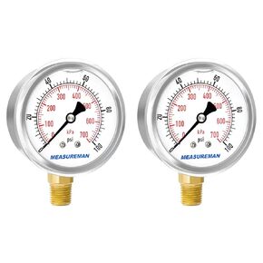 MEASUREMAN 2-1/2" Dial Size, Glycerin Filled Pressure Gauge, 0-160psi/kpa, 304 Stainless Steel Case, 1/4" NPT Lower Mount 2 Pack