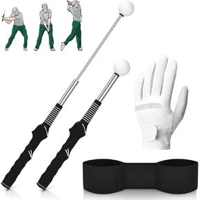 Golf Swing Trainer - Retractable Rhythm Click Sound Golf Training Aid for Strength & Tempo, with Grip Trainer, Arm Band & Glove - Ideal Golf Accessories