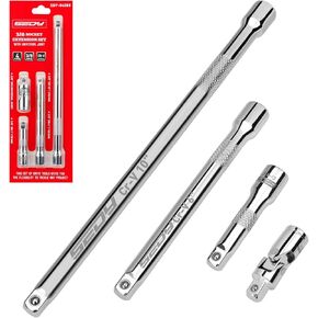 3/8" Socket Extension Bar Set: 4-Piece Professional Socket Extension Set Include 3, 6, and 10 Inch Extensions and 3/8 Inch drive Universal Joint Socket, Premium Cr-V Steel Construction