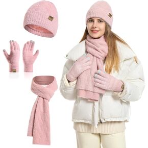 Honnesserry Winter Knit Hat Beanie Scarf for Women with Touch Screen Gloves Set Skull Caps Pompom Hat Neck Scarves for Men
