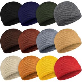 Geyoga 12 Pieces Trawler Beanie Hats Knit Cuff Beanie Roll-Up Edge Skull Cap Fisherman Beanie for Men Women