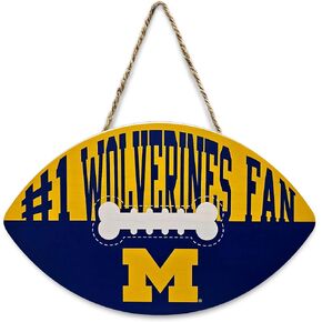 NCAA Michigan Wolverines Best Fan's Football Shape Sign with Dog Bone Design, Sporty Fence Sign College Football Fan Waterproof Wooden Wall Sign Yard Decor Indoor & Outdoor with Team Logo!
