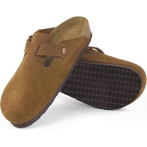 ILLIMITE Suede Clogs for Women Men Cork Footbed Sandals Leather Mules Potato Shoes with Arch Support and Adjustable Buckle