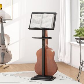 Music Stand for Sheet Music - Bamboo Folding Sheet Music Stands With Tray Guitar Clip, Wooden Sheet Music Organizer Height Adjustable 39.37''-51.2'' for Conductor Lectern Violin (Black)