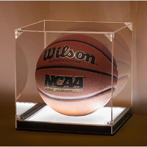 Basketball Display Case with Light, UV Protection Clear Acrylic Basketball Box Full Size with Solid Wood Base, LED with USB Soccer Stand for Autographed Ball Ideal Gift (Avoid Fast Charging Plug)