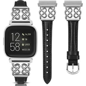 Minyee Leather Band Compatible with Fitbit Versa 2/Fitbit Versa/Versa Lite Bands Women, Dressy Slim Premium Leather Strap with Designer Celtic Heart Knot Buckle for Versa 2 Smartwatch Accessories