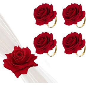4 Pcs Valentine's Day Red Rose Napkin Rings Artificial Rose Napkin Holders Red Rose Napkin Buckle Romantic Red Flower Table Decor for Valentine's Day Birthday Wedding Party Decoration