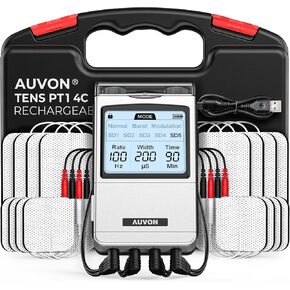 AUVON Rechargeable 4-Channel TENS Unit Muscle Stimulator for Back Pain Relief, Digital TENS Machine with 8 Customizable Modes, Electronic Pulse Massager Easy to Use, 16 Premium TENS Pads, A Carry Case
