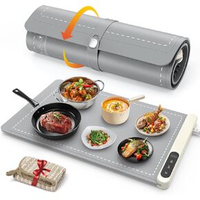 FYY Food Warming Mat - Electric Warmer with 6 Temperature Settings and 6 Hours Timer, Full Surface Graphene Heating Food Warmer, Premium Rollable Heating Tray for Gatherings, Parties, Light Grey
