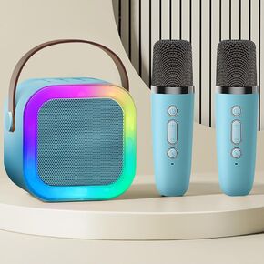Karaoke Machine for Adults Kids, Portable Bluetooth Mini Karaoke Microphone Singing Speaker with 2 Wireless Mic and Light Toys (Blue)