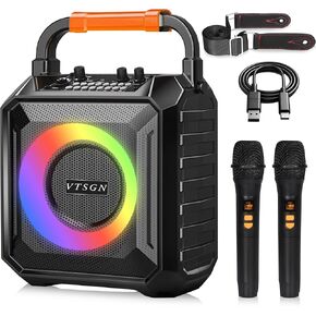 VTSGN Portable Karaoke Machine - Two Wireless Microphones, LED Lights, PA System, Supports TF Card/USB, AUX in, FM, Recording - Ideal for Adults & Kids