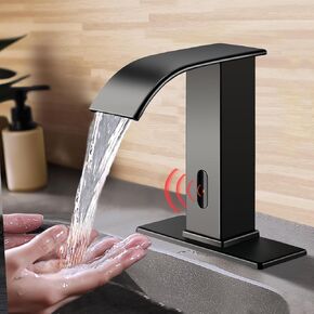 Automatic Sensor Touchless Waterfall Bathroom Faucet, Matte Black Faucet for 1 or 3 Holes, Hands-Free Motion Sensor Lavatory Faucet, Electronic Infrared Smart Commercial Faucet, Battery Powered