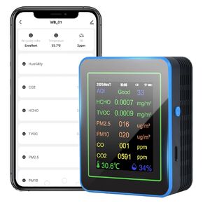 Air Quality Monitor,12-in-1 Smart Air Quality Tester with PM2.5/PM10,CO2,CO,TVOC,HCHO,AQI,Temperature & Humidity, Timer, Real Time Display, Battery Powered, Air Quality Meter for Home&Office