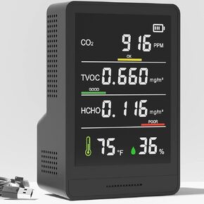 5-in-1 Professional Indoor Air Quality Monitor Indoor Portable CO2 Monitor | Temperature | Formaldehyde Detector | Humidity TVOC | Air Quality Tester - Confined Space Clean Air Monitor (Black)