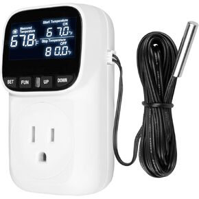 Digital Temperature Controller Thermostat Outlet Plug, 120V 15A Heating and Cooling Control with Sensor,Thermostat Timer LCD Display, Ideal for Reptiles, Greenhouses, and Brewing