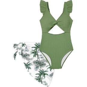 Girls One Piece Swimsuit Cut Out Ruffle Bathing Suit Twist V Neck Swimwear Solid Color with Cover Up Skirt 9-16T