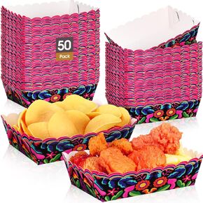 50 Pack Mexican Paper Food Trays Disposable Fiesta Snack Trays Cinco De Mayo Serving Trays Mexican Party Supplies for Nacho Popcorn Hot Dog Mexico Tuesday Birthday Taco Party Decorations