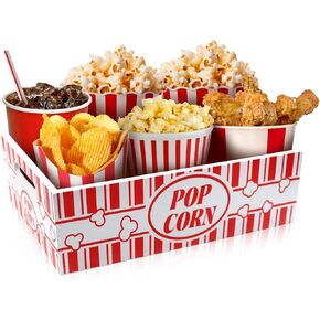Movie Night Snack Tray with Handles, Reusable Popcorn Movie Night Snack Trays Bowl Bucket Basket Box Organizer Supplies for Countertop Storage Wooden Movie Theater Snack Basket Tray(Popcorn)