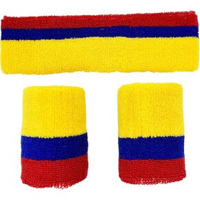 Sweat Band Headbands and Wrist Bands Set, Sweatbands for Men Women, Moisture Wicking Head Band,Soccer Headbands for Girls Boys, Sports Headband for Running Workout (Red, Blue and Yellow)