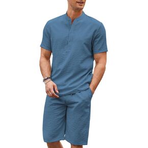 COOFANDY Men's 2 Pieces Linen Set Casual Henley Shirts Short Sleeve Beach Yoga Shorts Summer Pants Outfits
