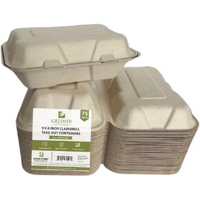 Greener Settings 75-Pack Compostable 9x6 Inch Clamshell Food Containers, Disposable Heavy-Duty Bagasse To-Go Boxes, Microwavable, Recyclable, Freezer Safe for Nachos, Wings, Cookies, Meals, Platters