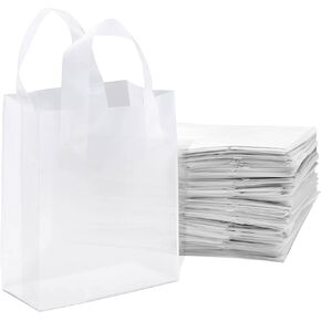 Prime Line Packaging Clear Gift Bags with Handles, Frosted Plastic Shopping Tote for Girls, Small Business, Boutiques, Retail, Bulk, 6x3x9 100 Pack in Kuwait