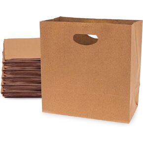 Prime Line Packaging Brown Paper Bags with Die Cut Handles for Food To Go, Bread, Take Out Goodie, Restaurant, Small Business, Bulk, 11x6x11, 100 Pack