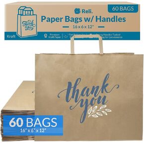 Reli. Paper Shopping Bags w/Handles | 60 Pcs | Large 16"x6"x12" | Brown Paper Bags with Handles | Printed Thank You Bag, Large | Take Out/To Go, Retail, Shopping Tote, Restaurant, Grocery (Kraft)