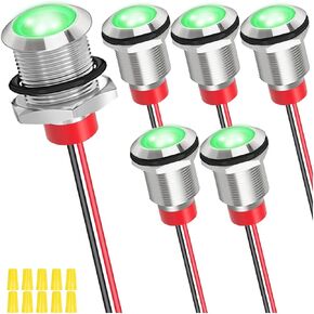 6Pcs 12mm DC 12-24V 1A Green LED Metal Indicator Light Waterproof Signal Lamp Pilot Dash Directional with 150mm Cable Length and Wiring Cap for Car Interior Trucks Boats Engine taillight