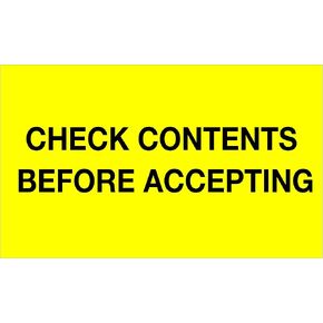 Tape Logic TLDL1227 Labels "Check Contents Before Accepting", 3" x 5", Fluorescent Yellow, 1 Roll of 500 Labels