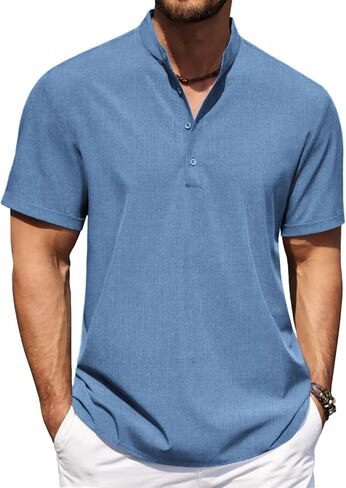 COOFANDY Men's Casual Henley Shirt Short Sleeve Band Collar Shirt Summer Beach Hippie Vacation T Shirt with Button in Saudi Arabia