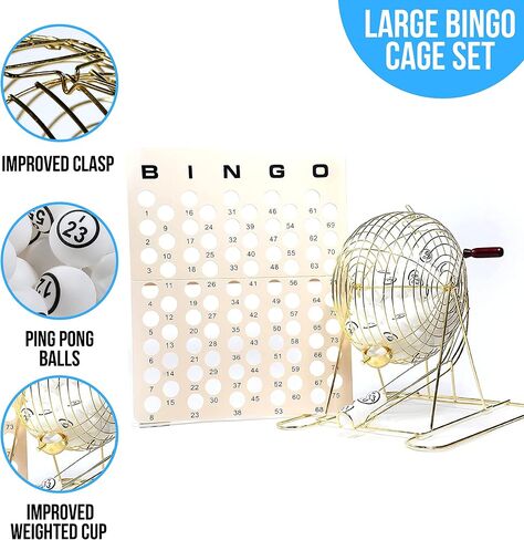 Regal Bingo - Jumbo Professional Bingo Cage - Includes Brass Cage, 75 White Ping Pong Balls, Master Board - for Large Group Games, Game Night, Bingo Hall, & Holiday Activities - 16 in - Gold in Saudi Arabia