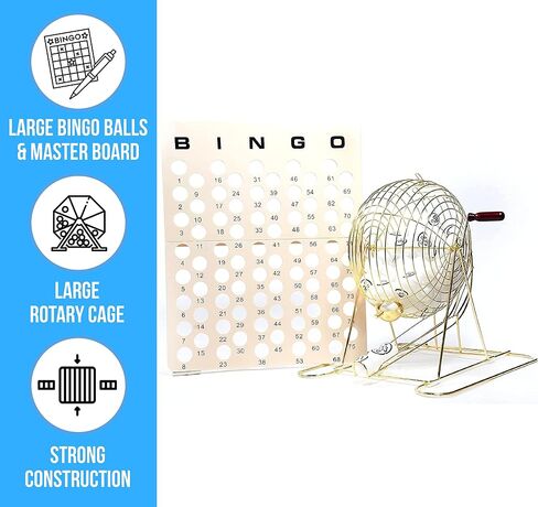Regal Bingo - Jumbo Professional Bingo Cage - Includes Brass Cage, 75 White Ping Pong Balls, Master Board - for Large Group Games, Game Night, Bingo Hall, & Holiday Activities - 16 in - Gold in Saudi Arabia