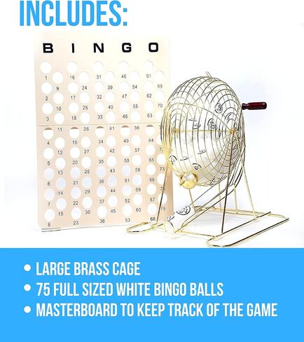 Regal Bingo - Jumbo Professional Bingo Cage - Includes Brass Cage, 75 White Ping Pong Balls, Master Board - for Large Group Games, Game Night, Bingo Hall, & Holiday Activities - 16 in - Gold in Saudi Arabia