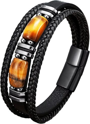 Men Leather Cuff Bracelet Natural Tiger-eye Gemtone Beads Bracelets Braided Wristband in Kuwait